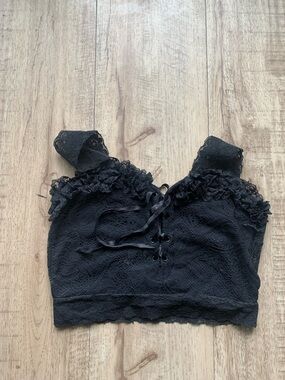 Black Lace Ruffled Crop Bralette with Corset Tie